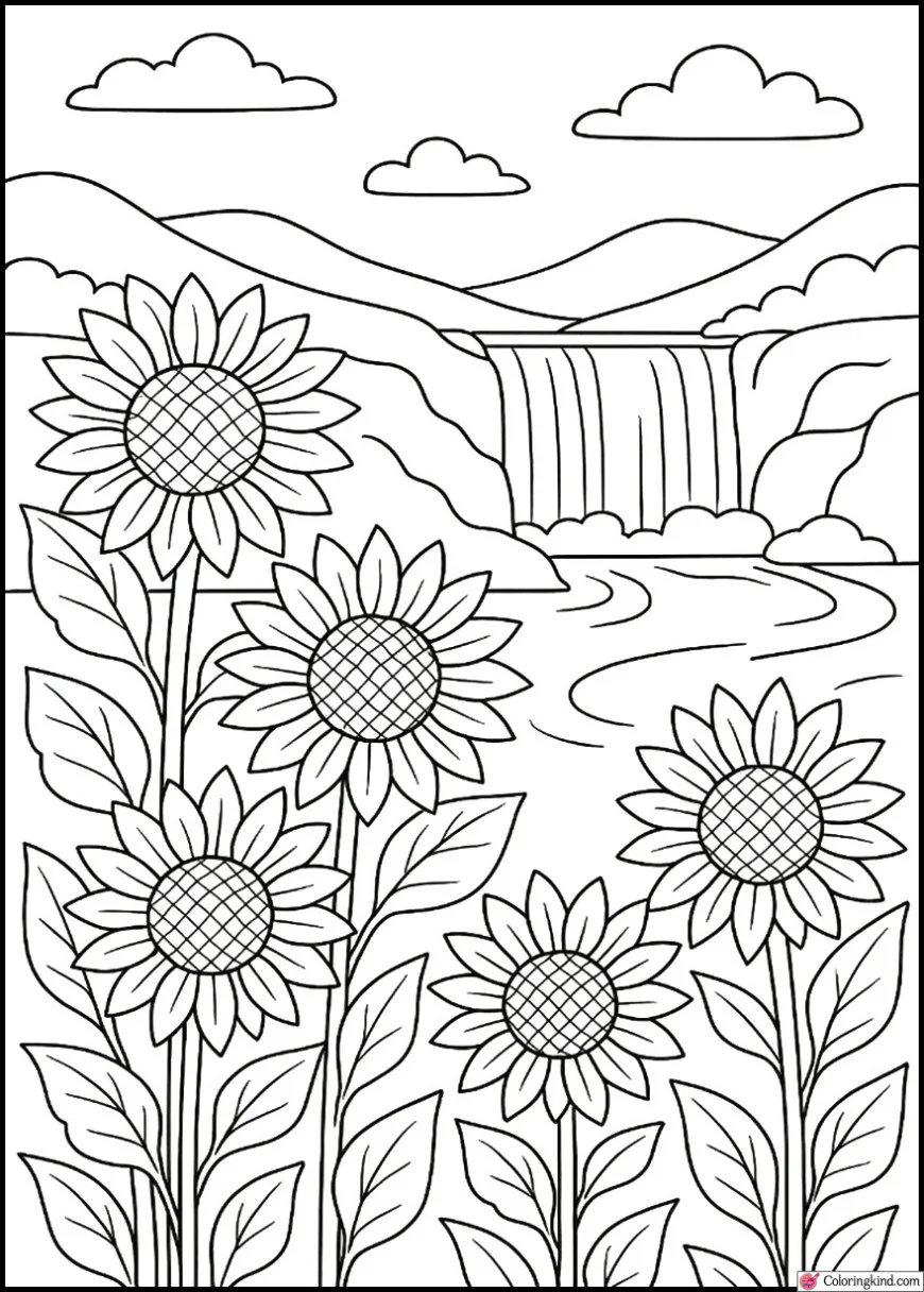 Sunflowers Beside a Gentle Waterfall