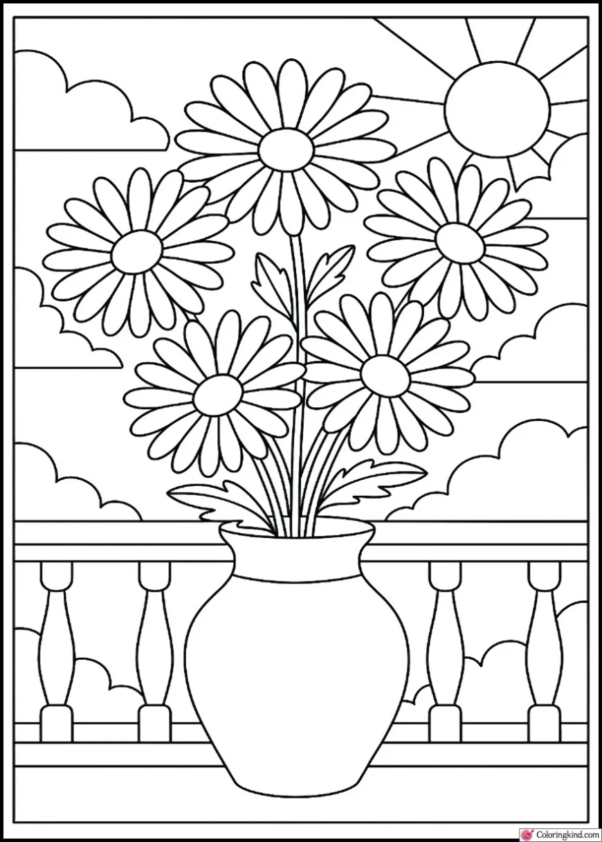 Daisies in a vase on a sunny balcony