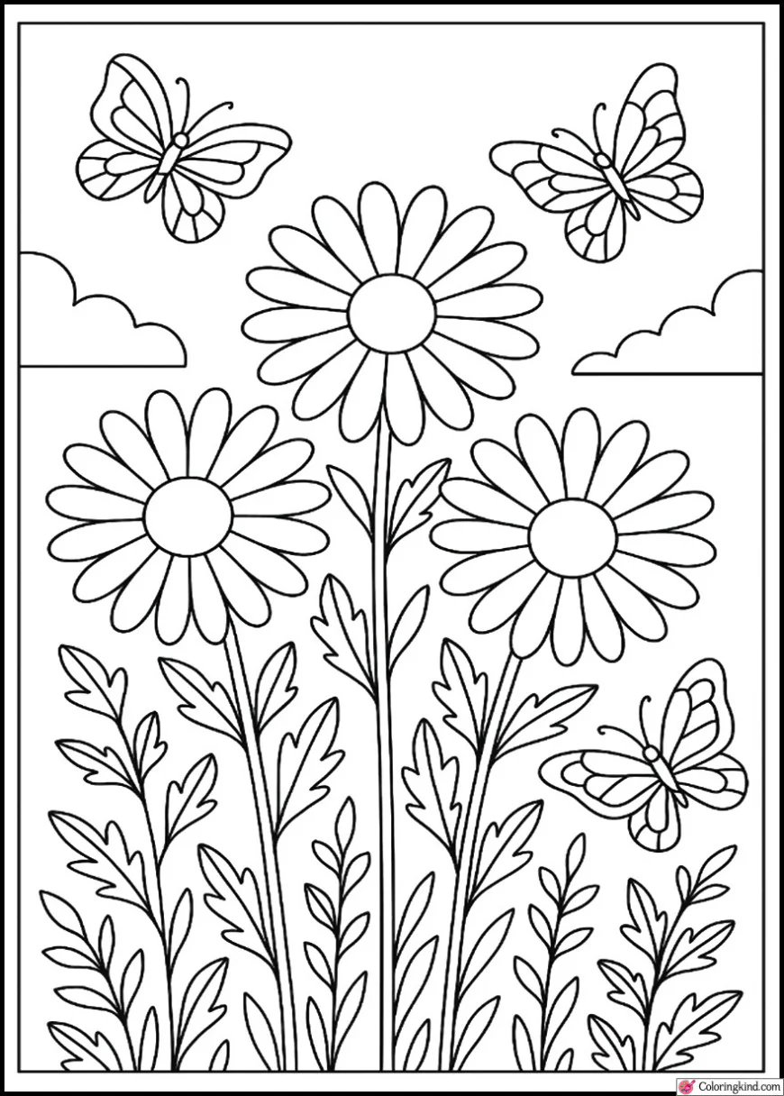 Daisies growing in a peaceful garden surrounded by butterflies