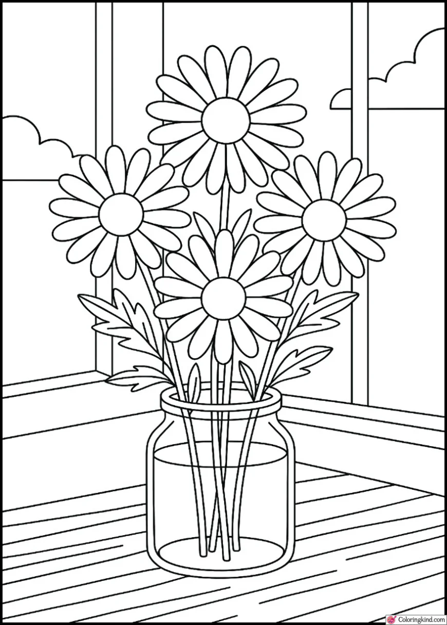 A bunch of daisies in a glass jar on a wooden table