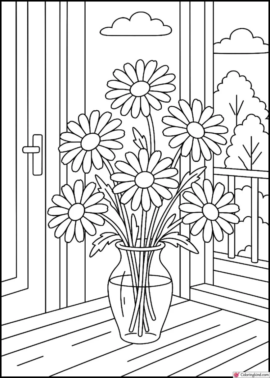 Daisies in a vase near an open balcony door