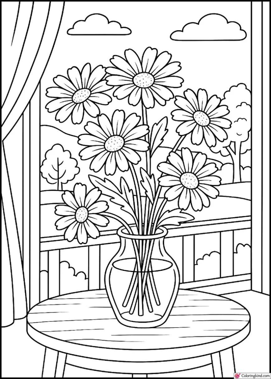 Daisies in a glass vase on a cozy table overlooking nature