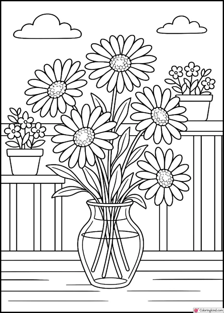 Daisies in a vase on a balcony with flower pots and railing