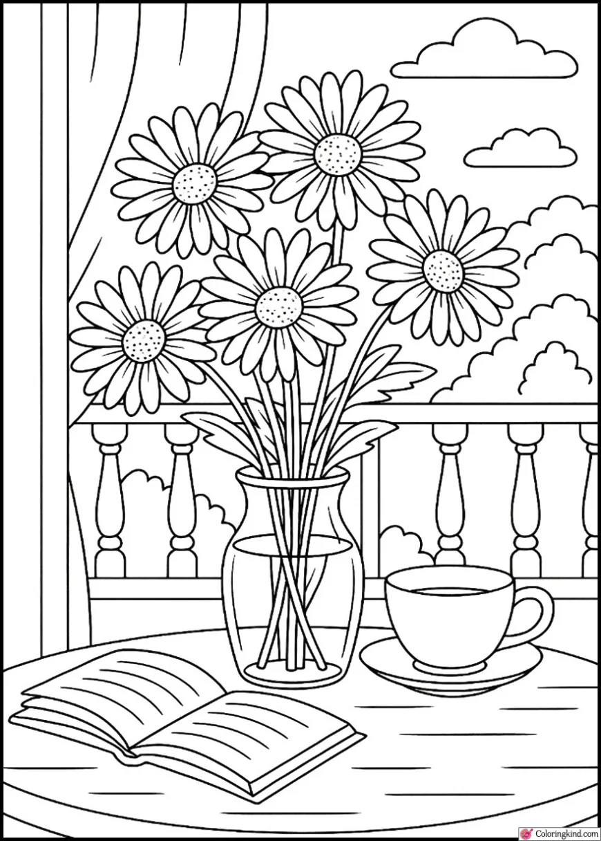 Daisies in a vase beside a teacup and open book on balcony
