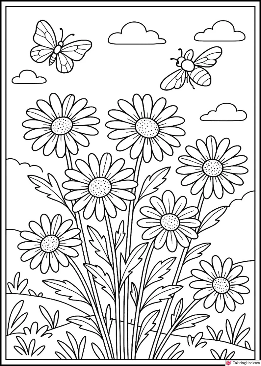 Daisies in a meadow with flying butterflies and bees