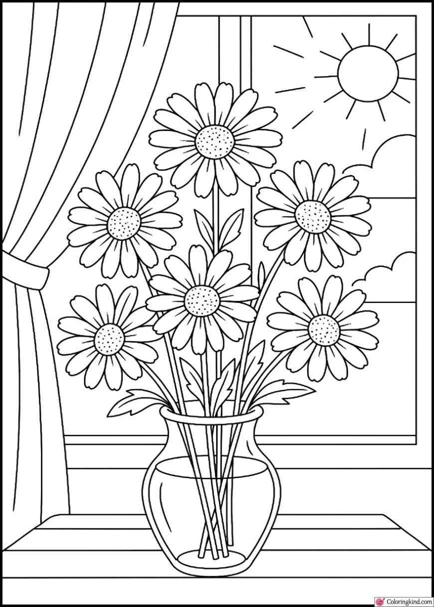 Daisies in a vase near a sunny window with curtains