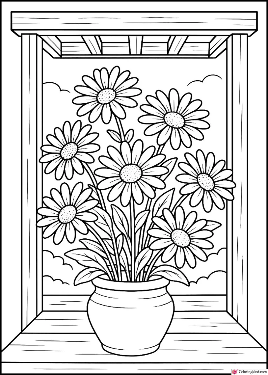 Daisies in a clay pot under a wooden pergola