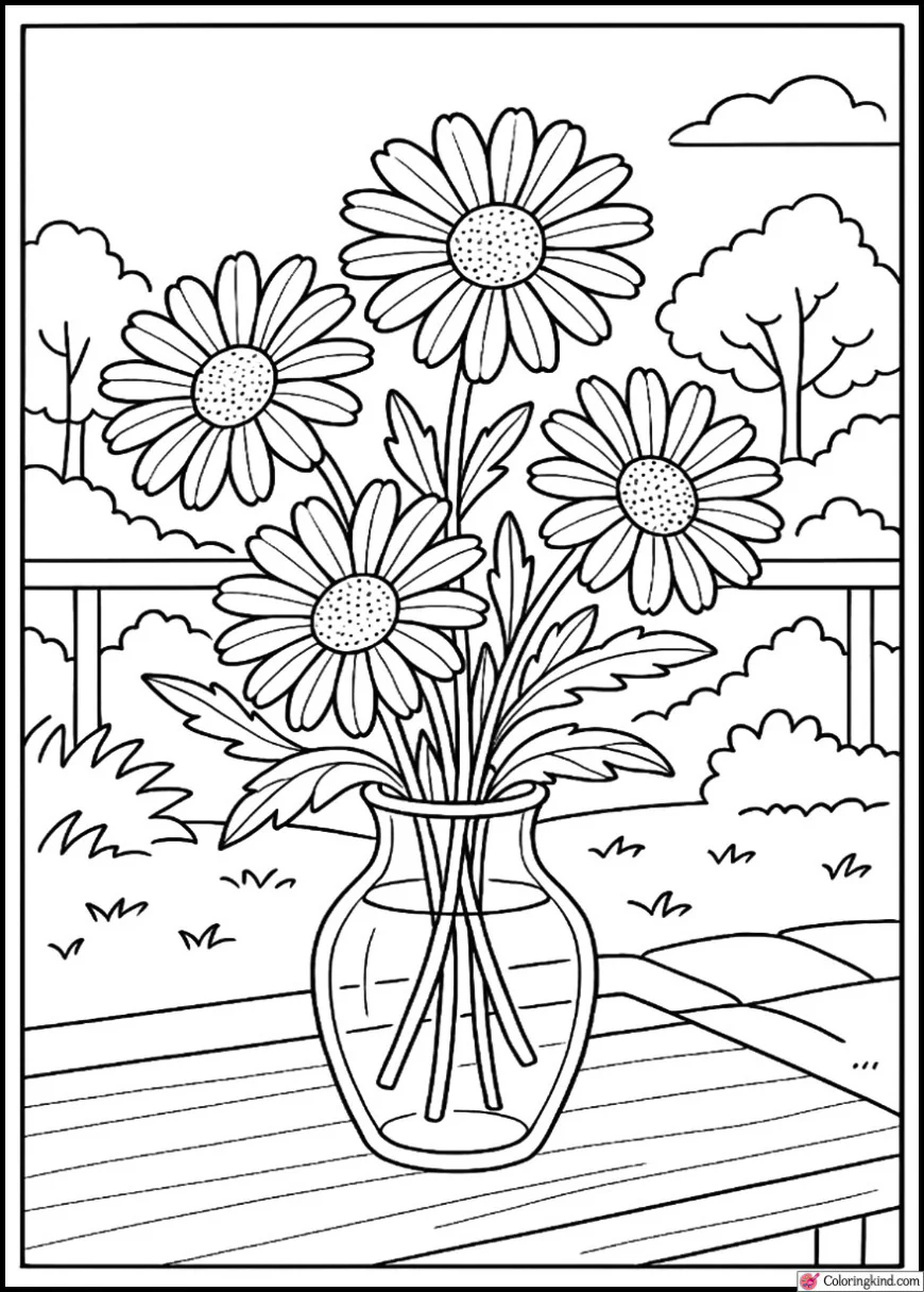 Daisies in a vase on a table by a garden view