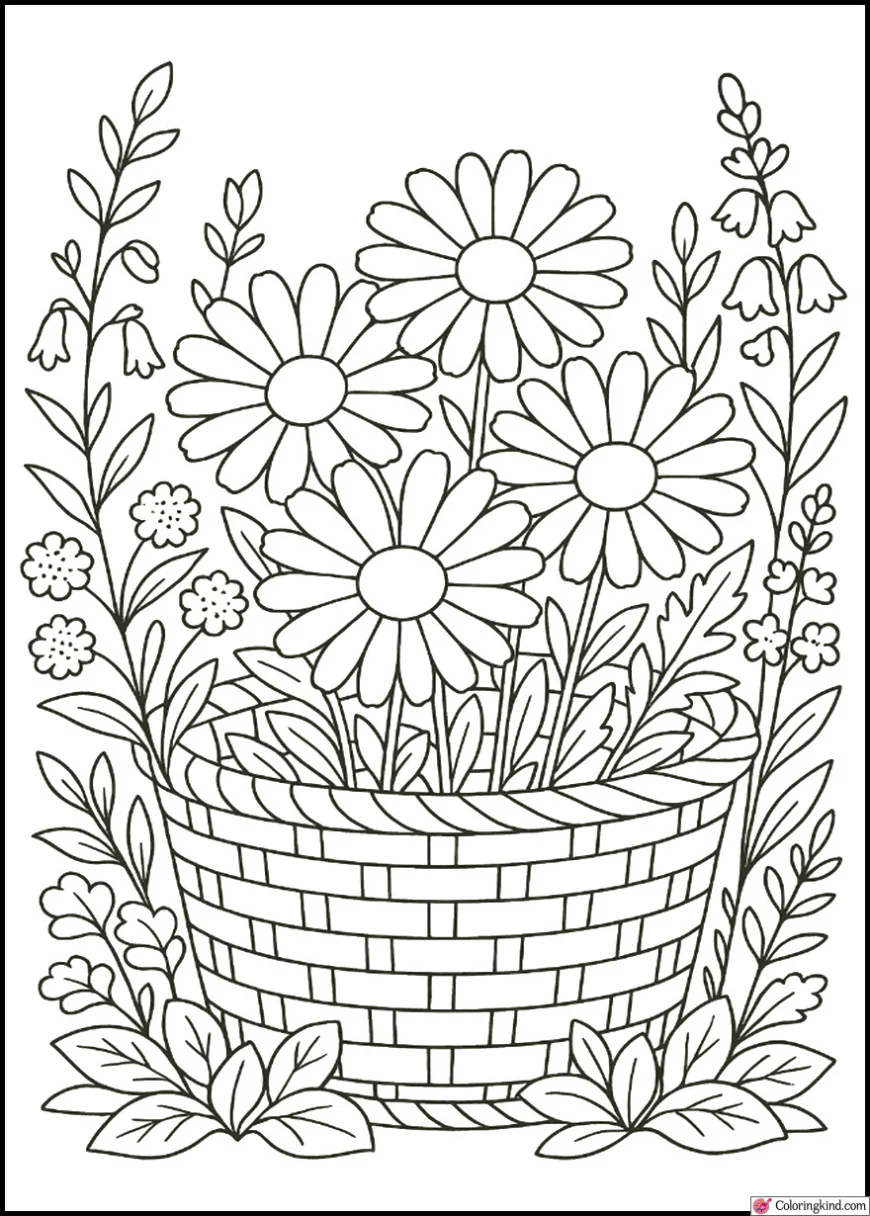 Daisies in a basket surrounded by garden flowers