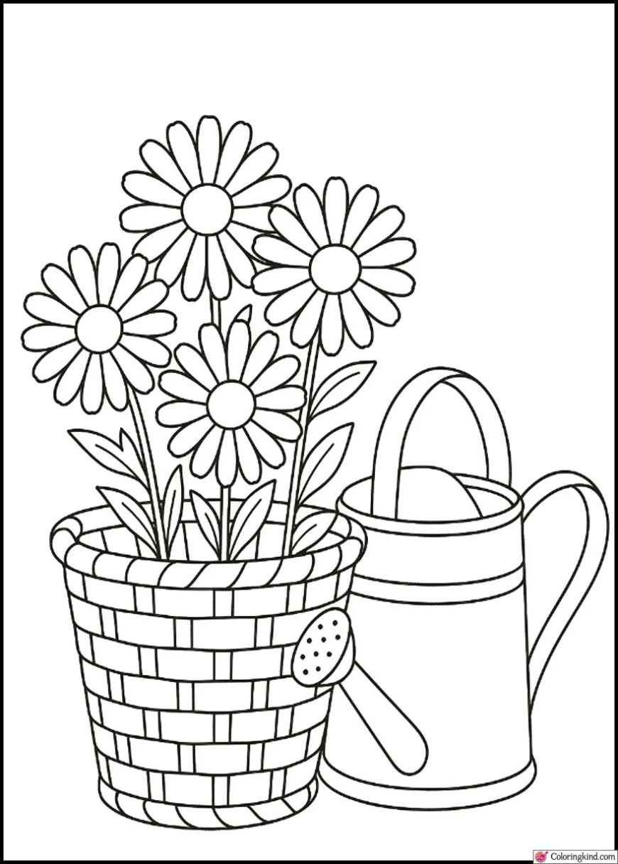 Daisies in a basket beside a watering can in the garden
