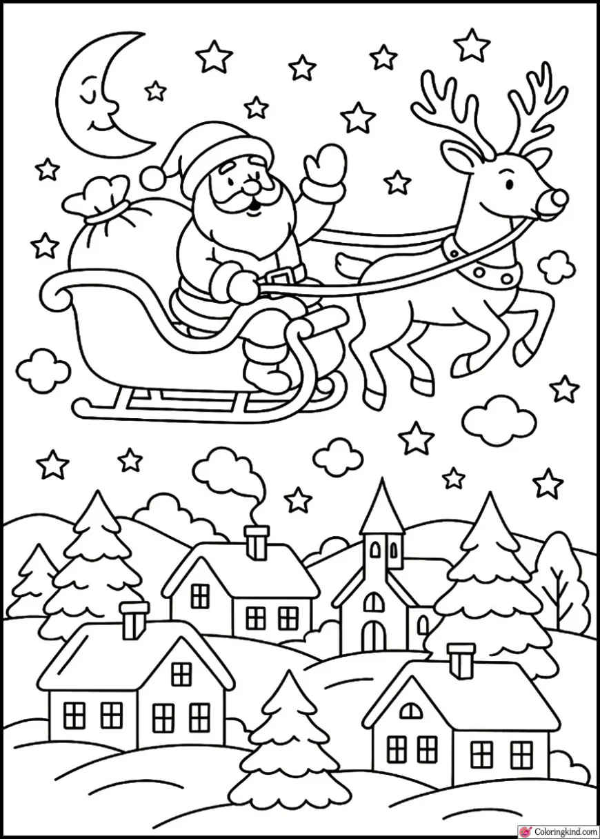 Santa Claus riding his sleigh across a snowy village night sky