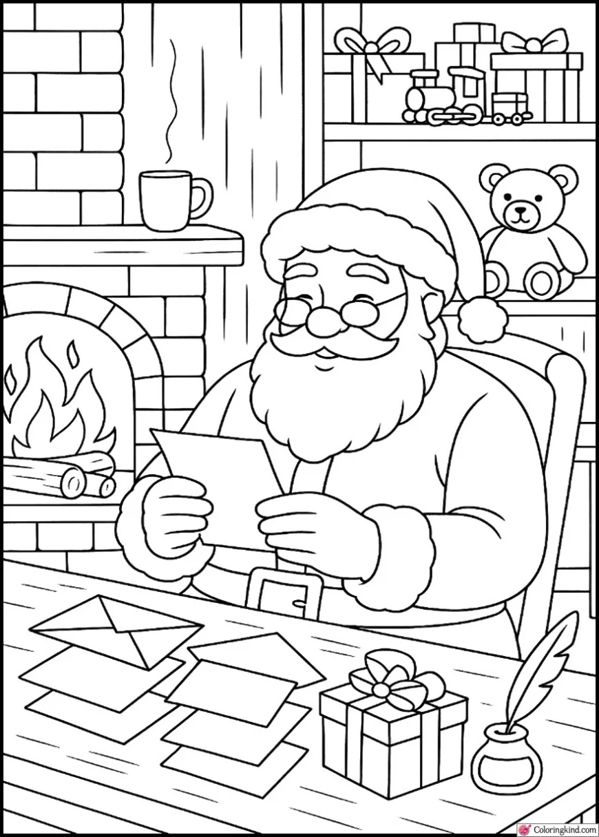 Santa Claus reading children’s wish letters in his cozy workshop