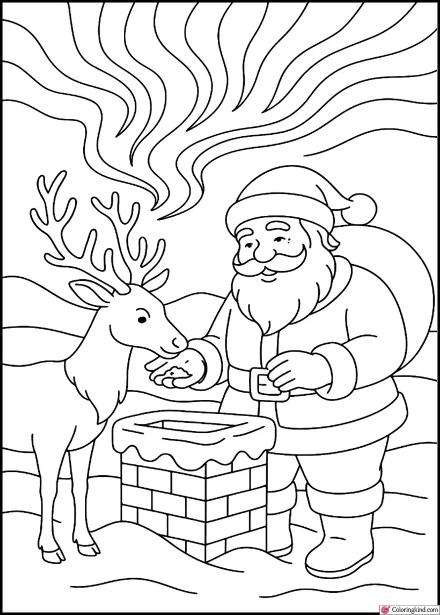 Santa Claus feeding reindeer under northern lights