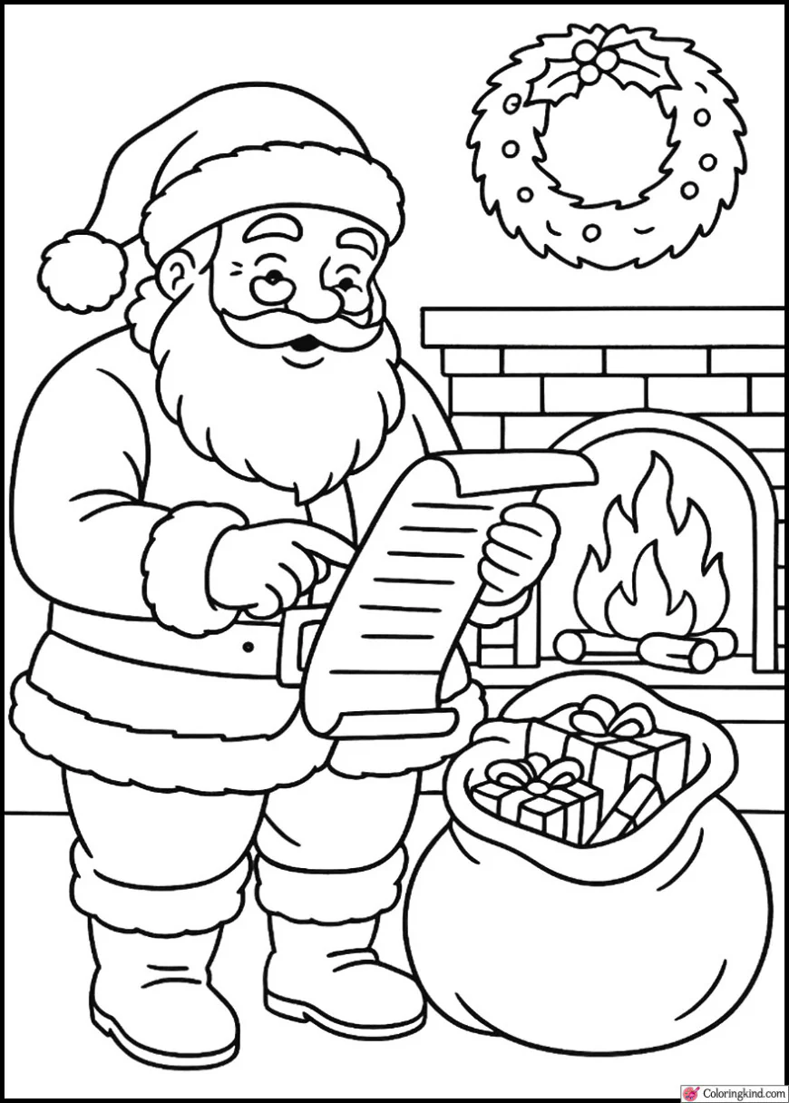 Santa Claus checking his list twice beside a glowing fireplace