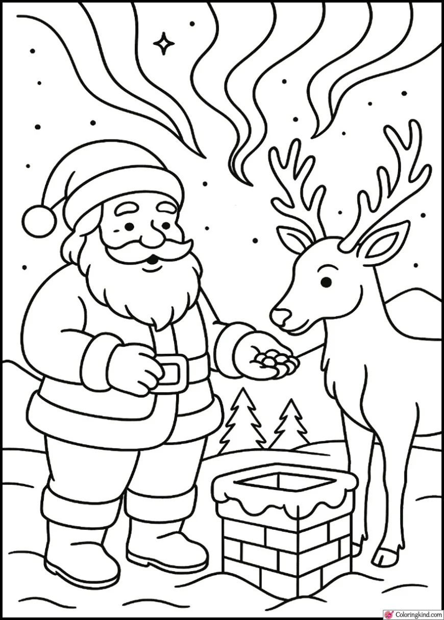 Santa Claus feeding reindeer under northern lights