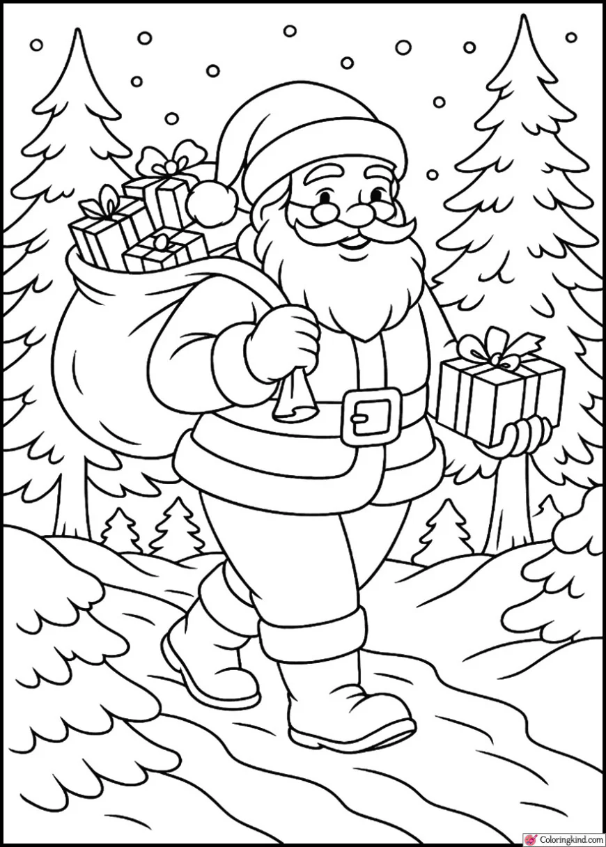 Santa Claus carrying gifts through a snowy forest path