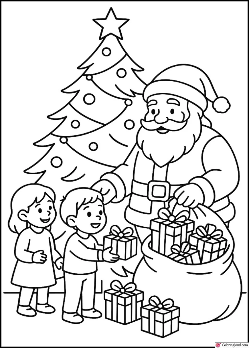 Santa Claus giving presents to children beside a giant Christmas tree
