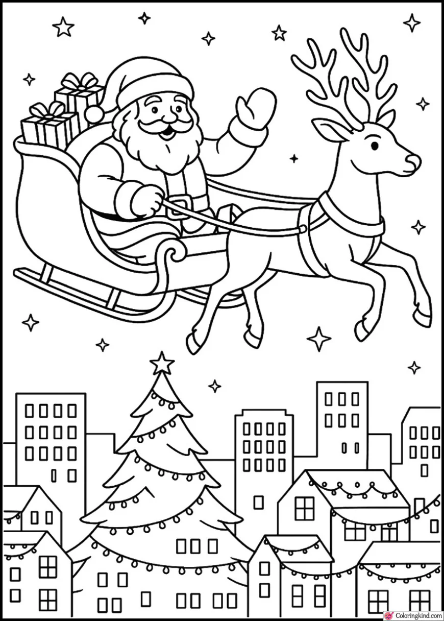 Santa Claus flying over a city with twinkling Christmas lights