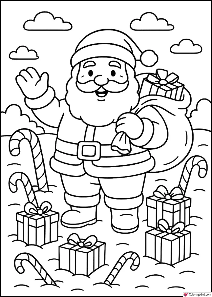 Santa Claus surrounded by candy canes and gifts