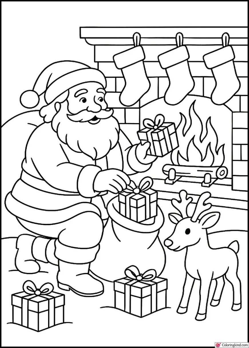 Santa Claus putting gifts into stockings near the fireplace