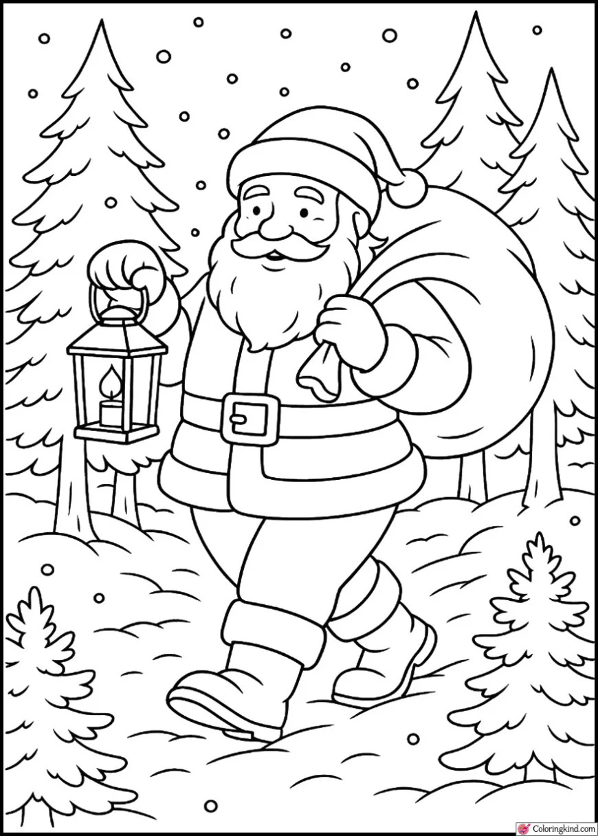 Santa Claus walking with a lantern in snowy woods