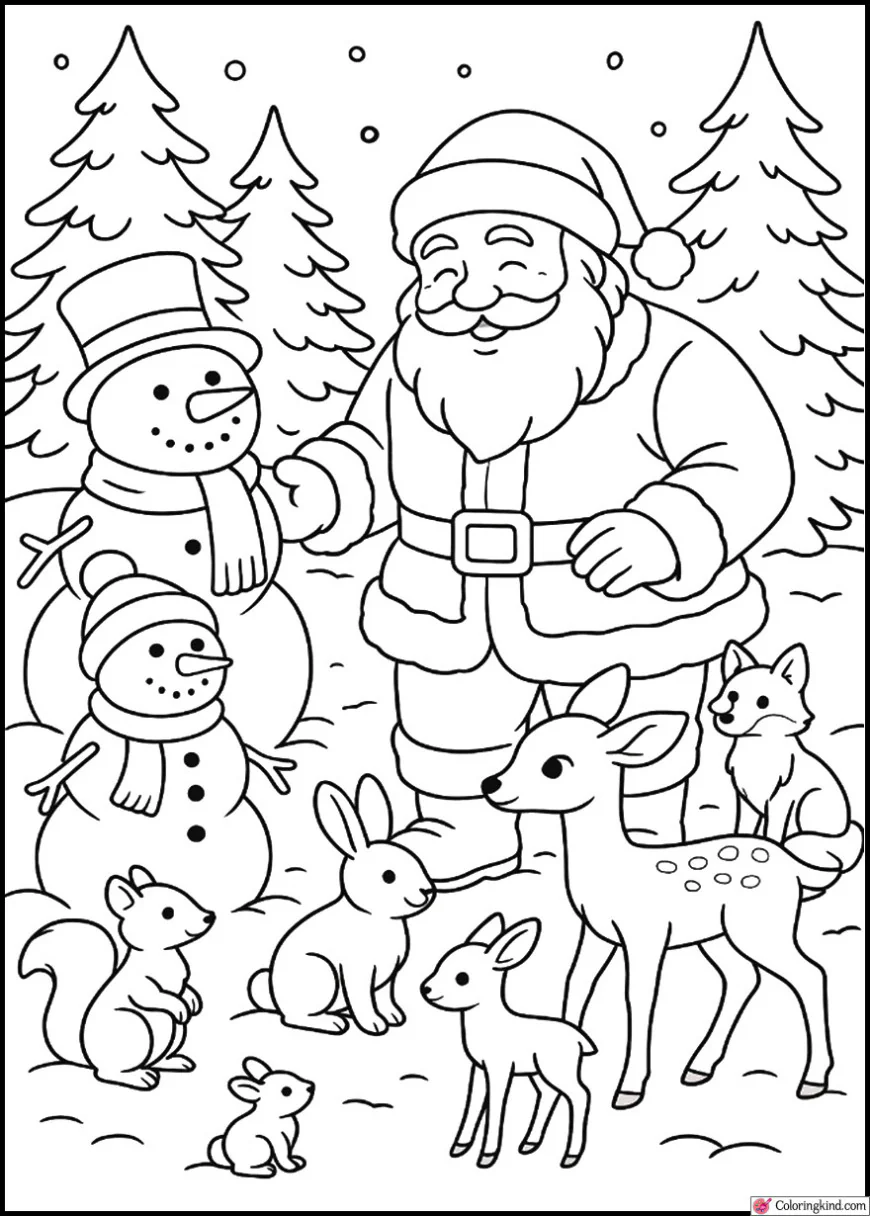 Santa Claus meeting snowmen and forest animals