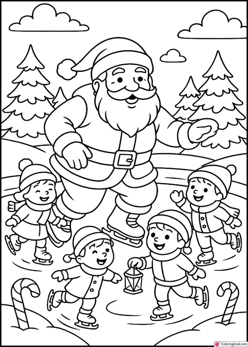 Santa Claus ice skating with children on a frozen pond