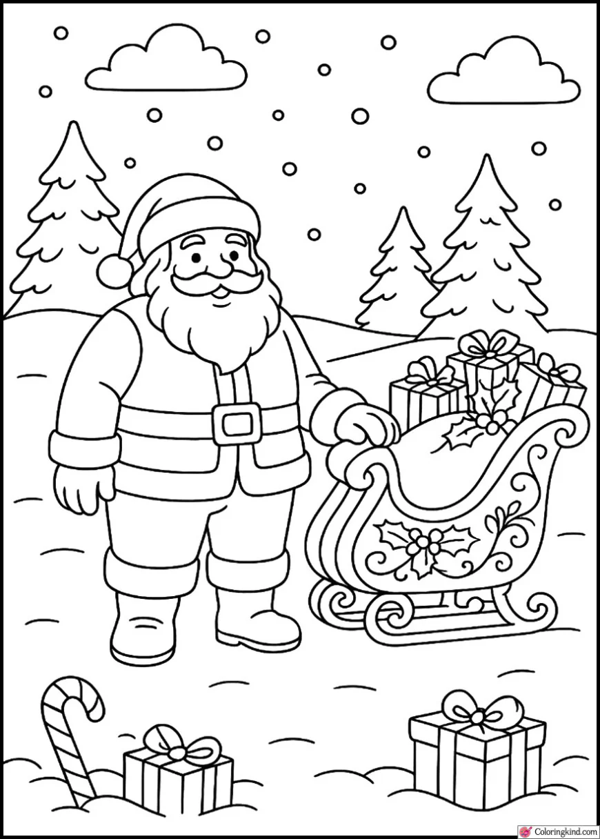 Santa Claus standing beside a decorated sleigh