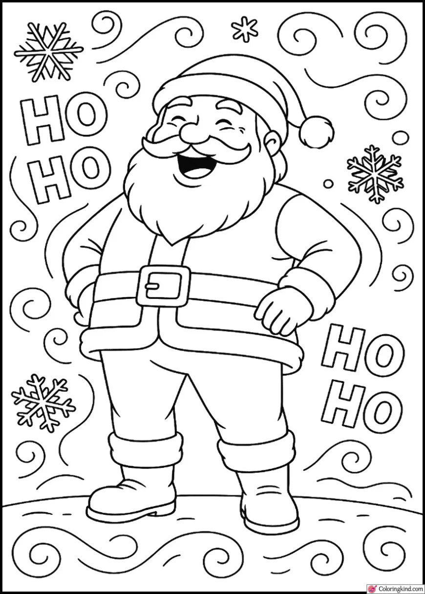 Santa Claus laughing “Ho Ho Ho” with snowflakes swirling