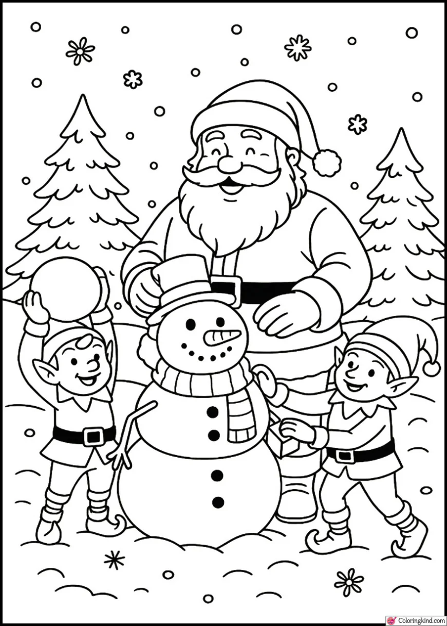 Santa Claus building a snowman with elves