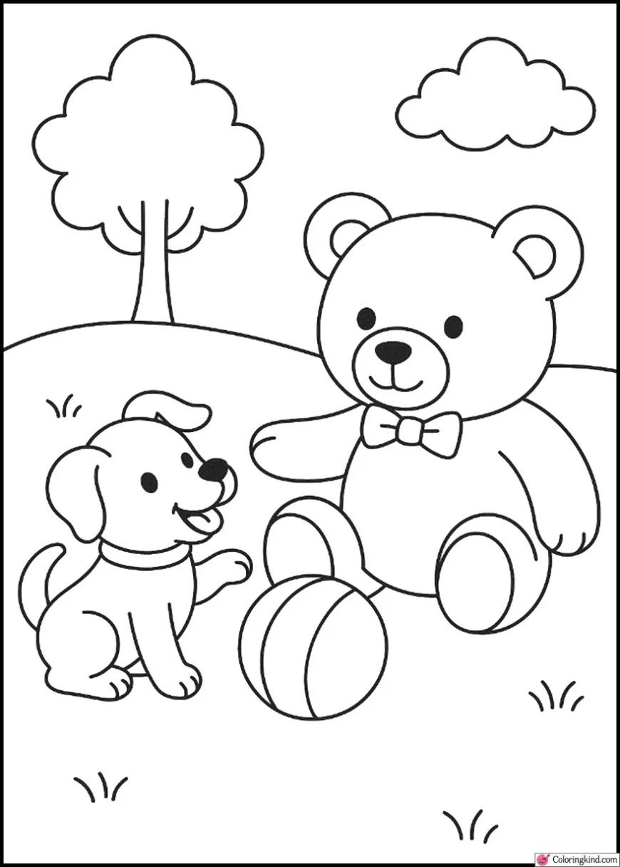 Teddy Bear and Puppy Playing with a Ball