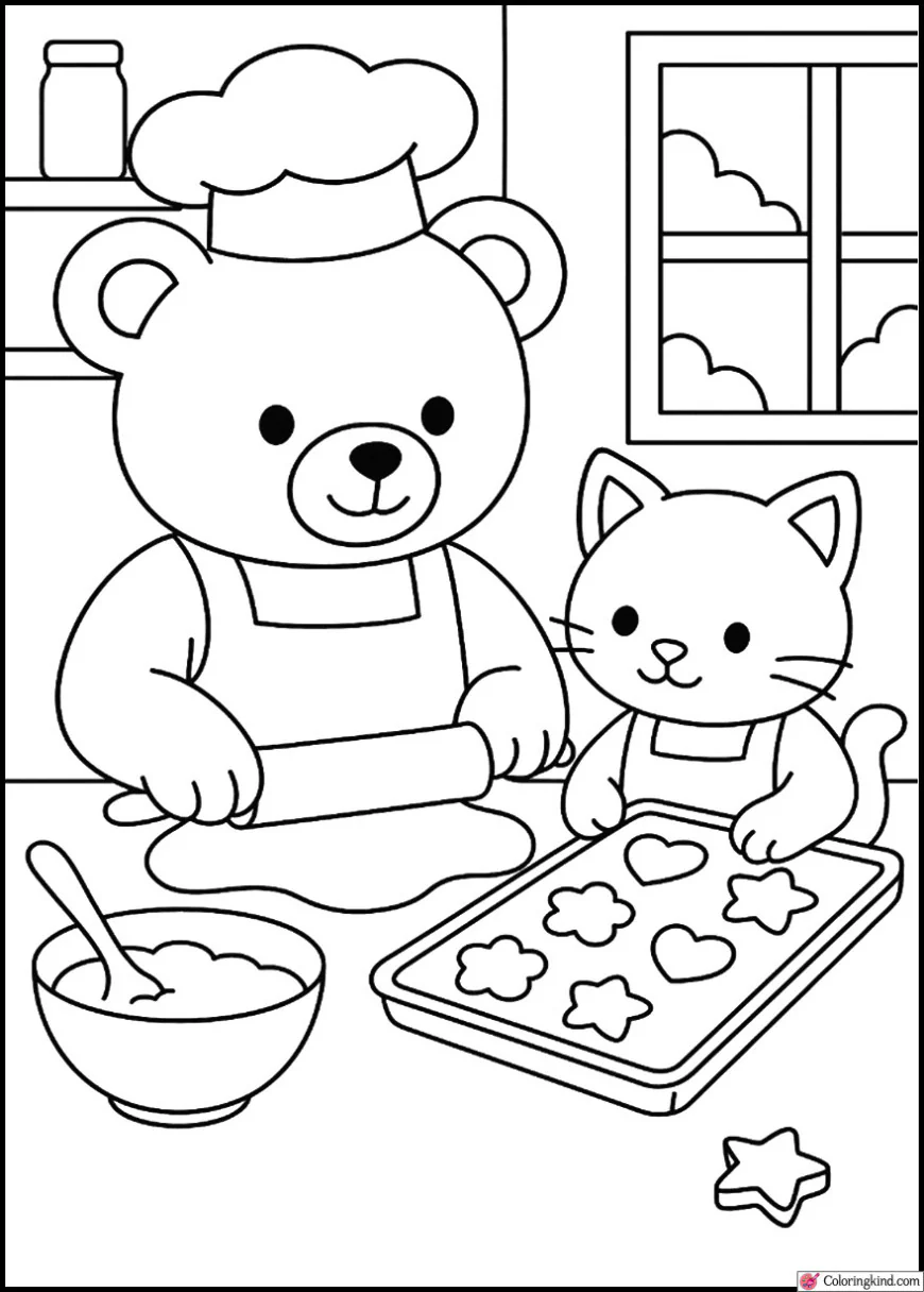 Teddy Bear and Kitty Baking Cookies Together