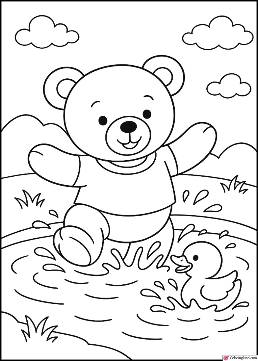 Teddy Bear and Duckling Splashing in a Pond
