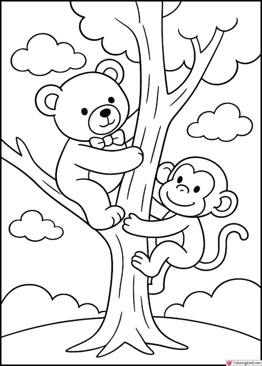 Teddy Bear and Monkey Climbing a Tree