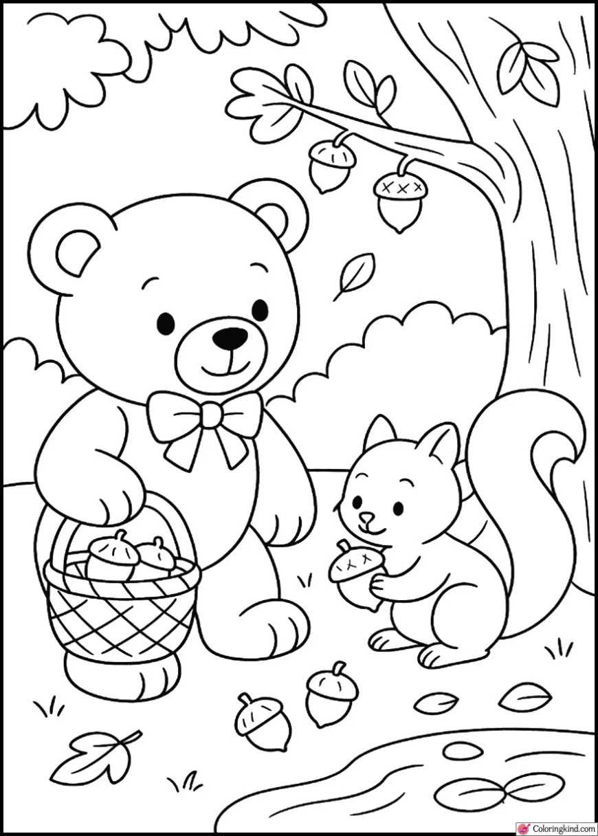 Teddy Bear and Squirrel Collecting Acorns