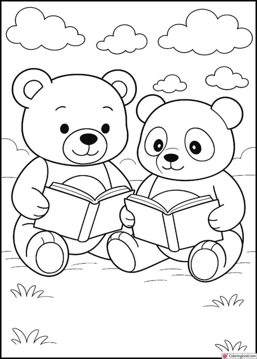 Teddy Bear and Panda Reading Storybooks
