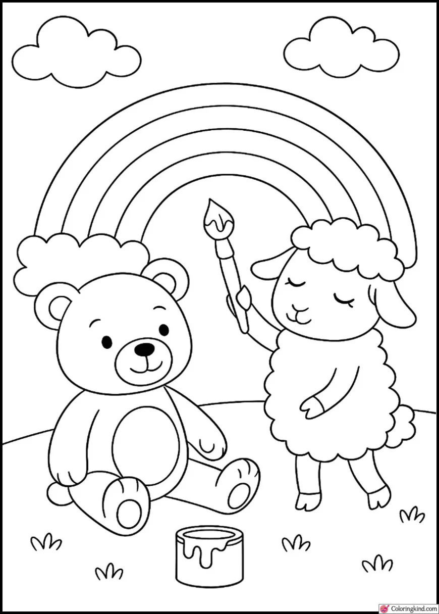 Teddy Bear and Lamb Painting Rainbow