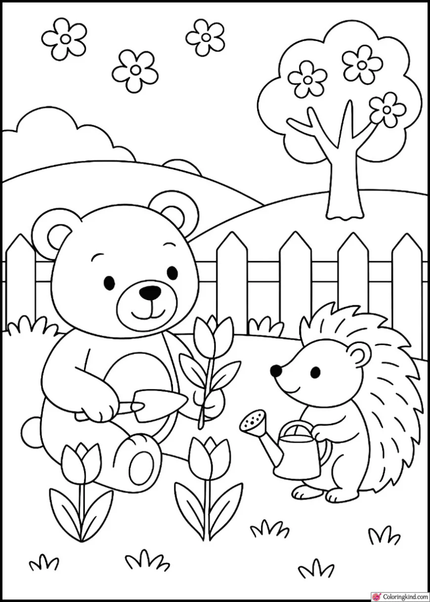 Teddy Bear and Hedgehog Gardening in Spring