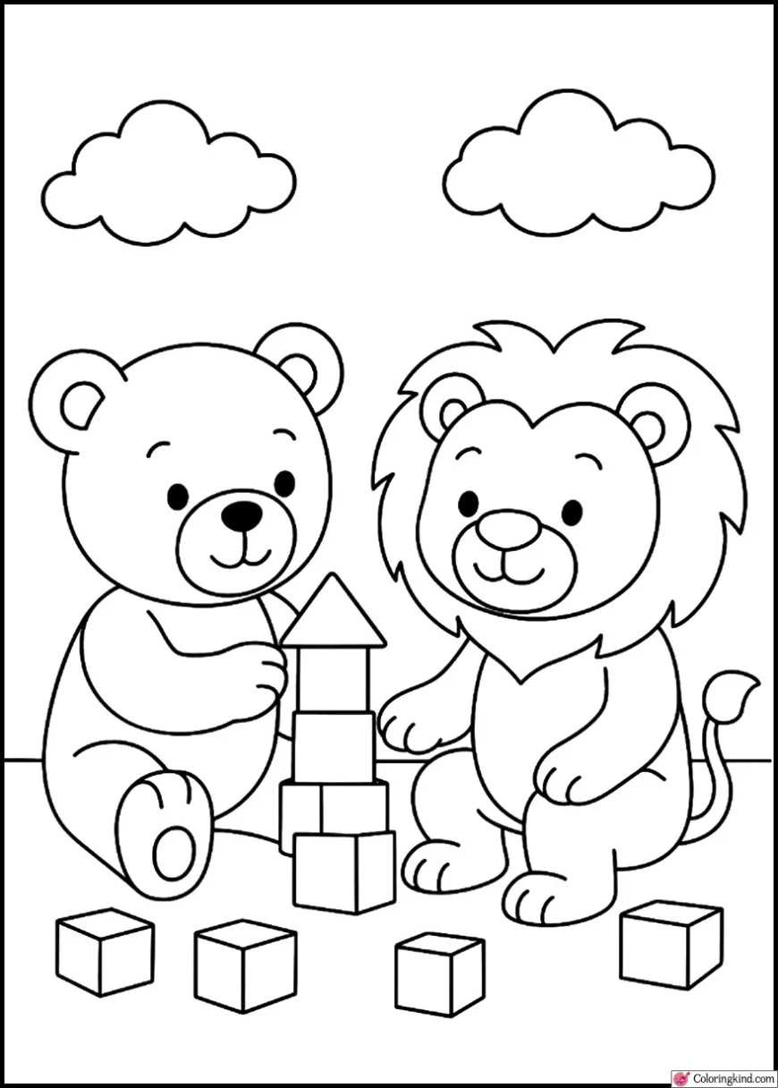 Teddy Bear and Lion Playing with Blocks