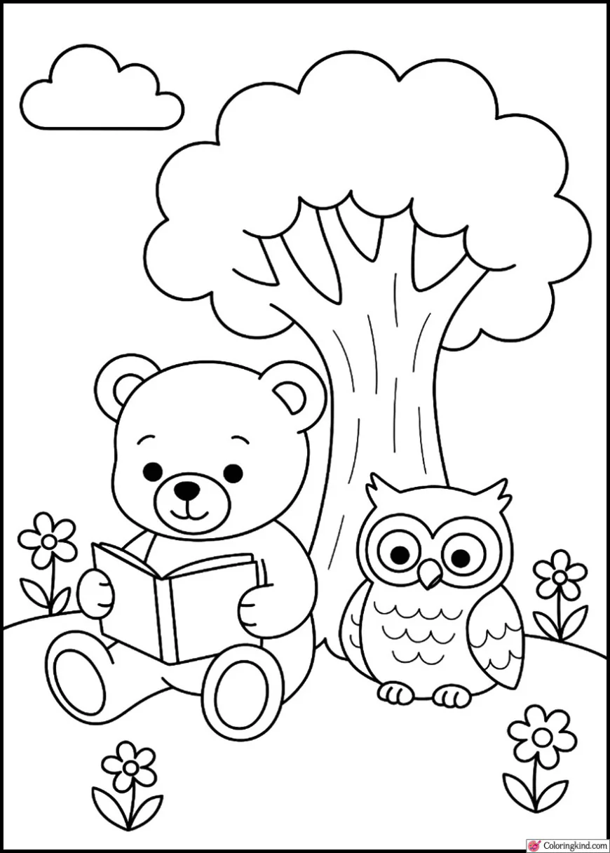 Teddy Bear and Owl Reading Under a Tree