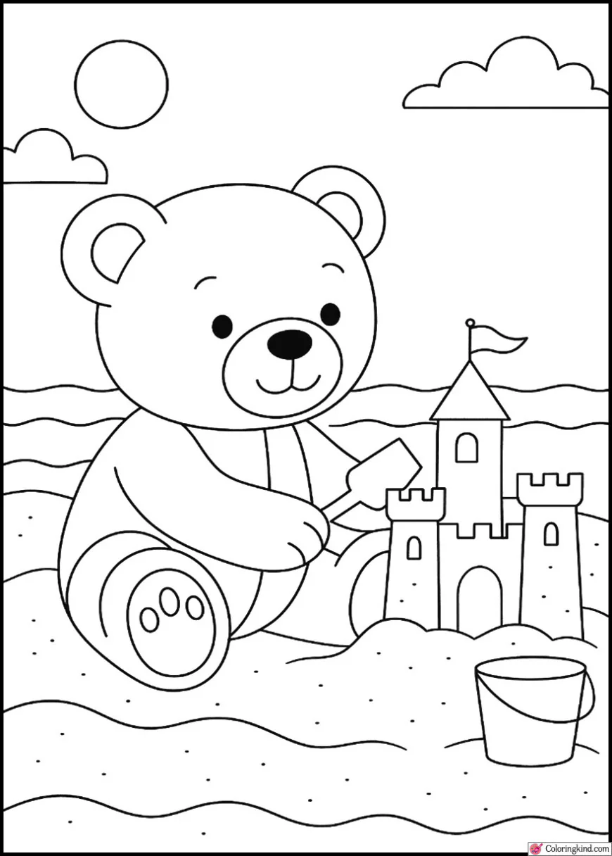 Teddy Bear Building a Sandcastle