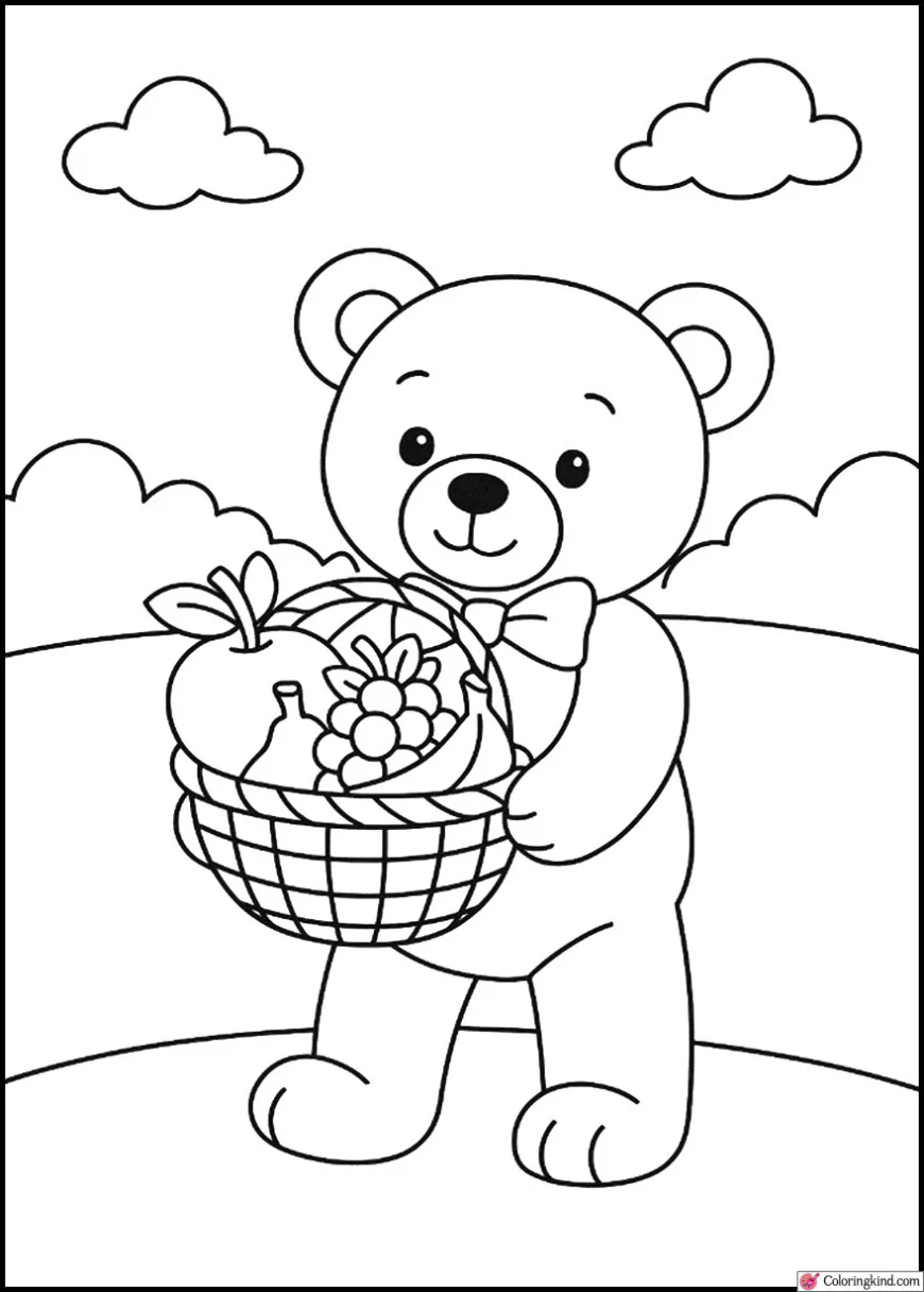 Teddy Bear with a Basket of Fruits