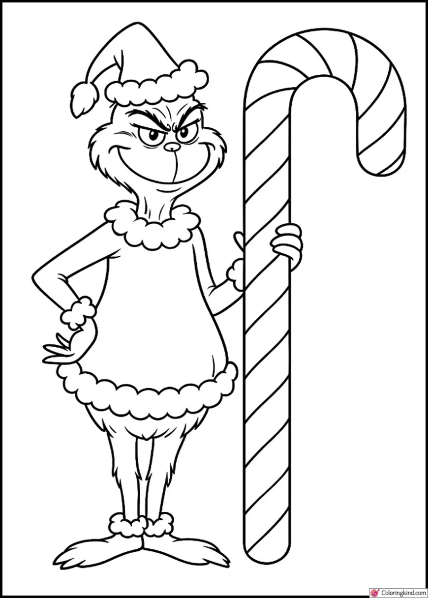 The Grinch Standing Beside a Giant Candy Cane