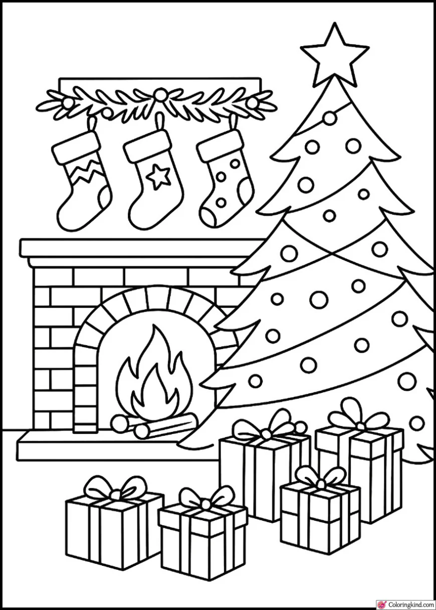 Christmas Eve Fireplace with Stockings Hanging