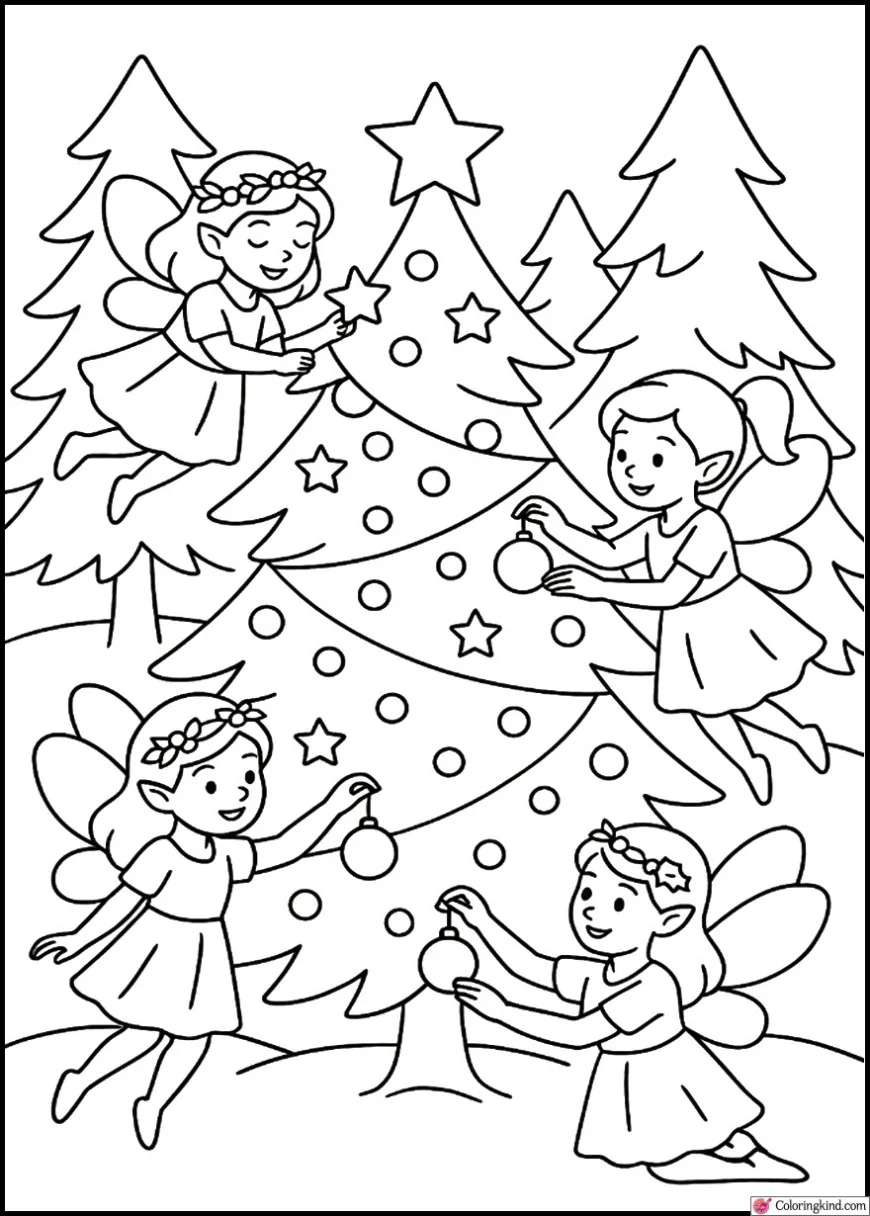 Christmas Fairies Decorating a Tree in the Woods