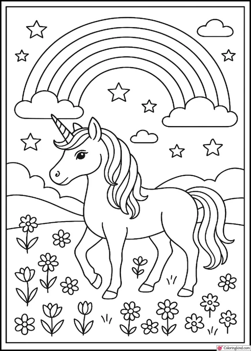 Unicorn Standing Beneath a Rainbow Sky