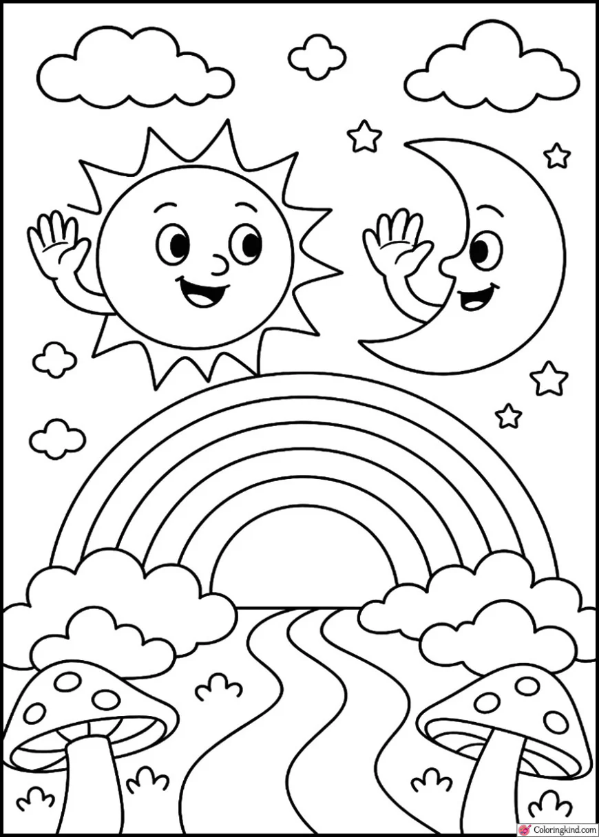 Sun and Moon Waving at Each Other Over a Rainbow