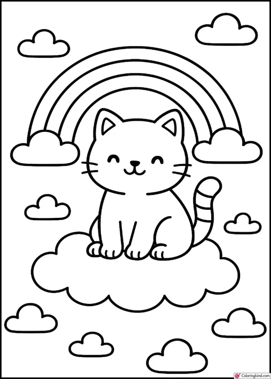 Adorable Cat Sitting on a Cloud with Rainbow