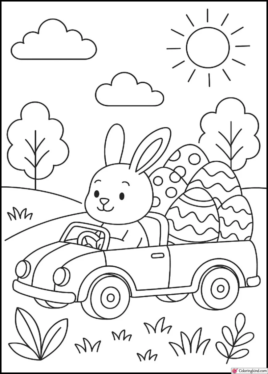 Bunny Driving a Car Full of Easter Eggs