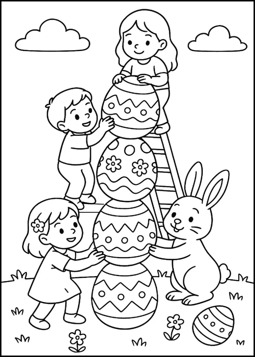 Children and Bunny Building a Giant Egg Tower